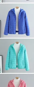 Detailed display of women's lightweight hooded puffer jackets in blue, mint, and pink colors.