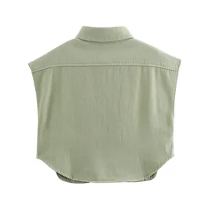 Back view of sage green sleeveless polo shirt with faux denim texture and curved hem