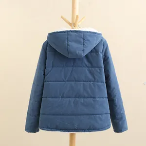 Detailed back view of a blue hooded puffer jacket featuring warm fleece lining detail
