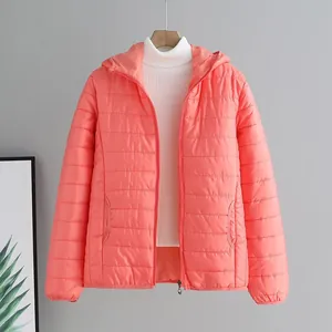 Women's coral pink lightweight hooded puffer jacket with a short and slim-fit design