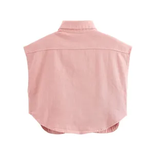 High-quality detailed back view of pink sleeveless polo collar shirt in denim fabric