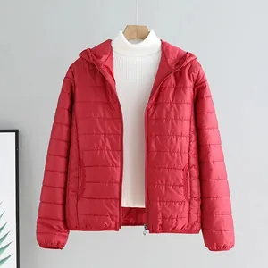 Minimalist lightweight red hooded puffer jacket for women with short slim fit design