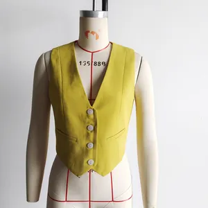 Front view of a tailored lime green V-neck slim fit vest with four white buttons
