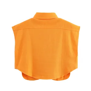 Back view of bright orange sleeveless faux denim shirt with Polo collar detail