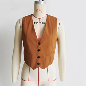 Detailed front view of a brown slim-fit V-neck waistcoat shown on a mannequin