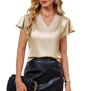 Elegant champagne satin V-neck blouse featuring flutter pleated sleeves for women