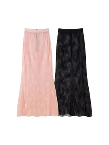 Elegant high-waist floral lace midi skirts in pink and black colors for chic summer style