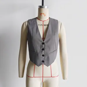 Front view detail of a classic professional gray V-neck slim-fit waistcoat on a mannequin.