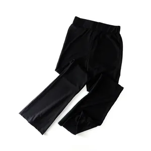 Detailed flat lay of women's black high-waisted ribbed micro-flare casual pants