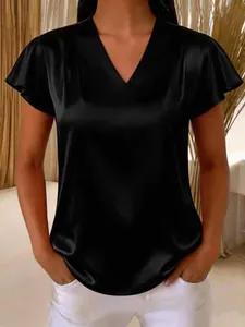 Close-up of black V-neck satin blouse with flutter sleeves showing smooth silky texture