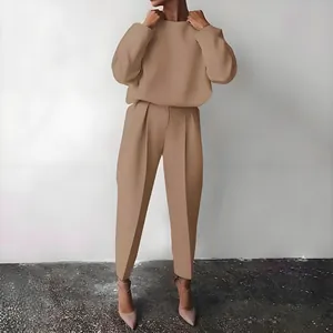 Detail view of a khaki long-sleeve casual two-piece set for women