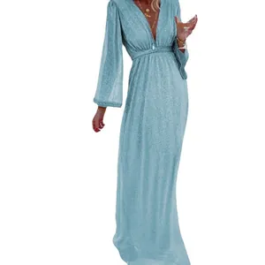 Detailed shot of sparkling light blue V-neck long-sleeved sequined evening dress