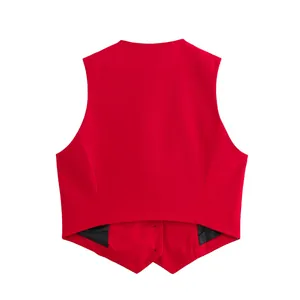 Back view of a vibrant red slim-fit cropped waistcoat for women with a stylish pointed hem