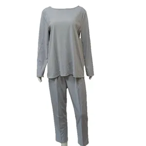 Close-up of a women's solid grey casual long-sleeved two-piece lounge set on mannequin
