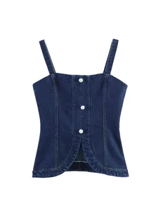 Haut de caraco en denim bleu chic avec boutons de perles décoratifs et coupe ajustée