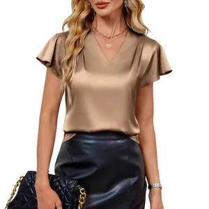 Elegant V-neck satin blouse with flutter sleeves and pleated detail for summer fashion