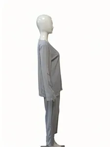 Side profile view of a grey women's long-sleeved loungewear set on a white mannequin
