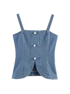 Débardeur en jean chic avec boutons de perles et ourlet fendu