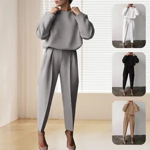 Women Linen Blend Top And Bottom Set Solid Color Long Sleeve Casual Lounge Wear High Waist Straight Pants Suit