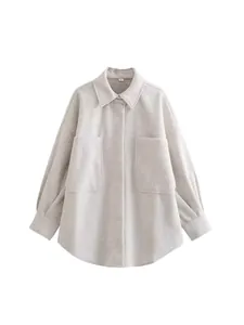 Damen Casual Oversized Polyester Wollmischung Shacket Hemdjacke Einreihig Einfarbig Langarm Mantel Mit Taschen