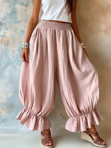 Women's Casual Cotton Linen Blend Ruffle Lantern Pants Loose Boho Harem Trousers With Elastic Waist Flare Bloomers For Summer