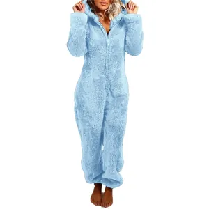 Combinaison à capuche en peluche bleu clair pour femme avec manches longues et fermeture éclair