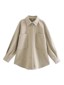 Übergroße beige Wollmischung Hemdjacke für Damen mit großen Brusttaschen und schlichtem Design