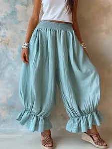 Stylish summer loose casual cotton linen lantern pants with chic ruffle hem for women