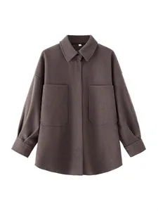 Oversized braune Wolljacke mit großen Vordertaschen und klassischem Kragen-Design