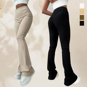 Women's High Waist Slim Fit Flare Casual Pants Ribbed Texture Western Style Streetwear Polyester Full Length Trousers