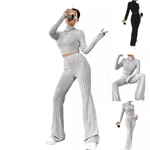 Completo Top E Pantaloni In Maglia A Costine Da Donna Tinta Unita Manica Lunga Collo Alto Crop Top Pantaloni A Zampa