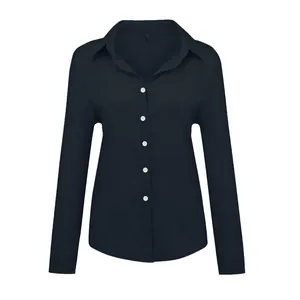 Front view of navy blue long-sleeved linen shirt featuring contrast white buttons