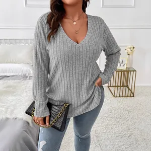 Damen Übergröße V-Ausschnitt Langarm T-Shirt Rippstrick Einfarbig Gebürsteter Stoff Lässiges Basic Top Für Herbst Winter