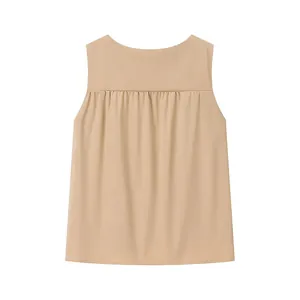 Elegant beige sleeveless pleated tank top for women, minimalist design for casual wear
