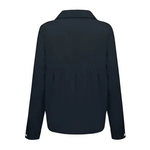 Back view of a casual navy blue long-sleeved linen shirt with ruffled waist detail