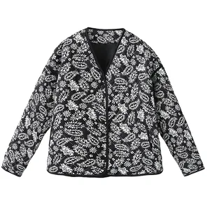 Stylish black and white paisley print quilted V-neck jacket for women, winter fashion