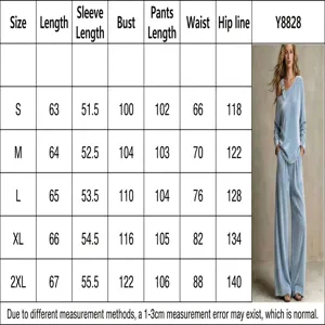 Size guide for women's blue velvet off-shoulder two-piece loungewear set, S-2XL