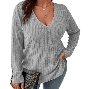 Eleganter grauer V-Ausschnitt Langarm-Top für Damen mit weicher Rippenstrick-Textur
