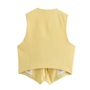 Back view of a yellow slim-fit women's vest with smooth fabric and neat stitching details