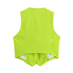Back view of a vibrant lime green slim-fit V-neck vest for women