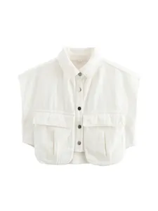 Casual white sleeveless cargo shirt with polo collar and metal buttons
