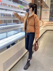 Modische braune kurze Pufferjacke mit Stehkragen, getragen von einem Model im Supermarkt