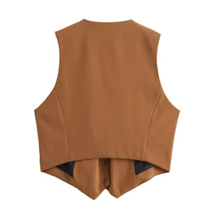 Back view of a tailored brown women's vest waistcoat showing asymmetrical hem.