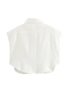 Solid cream sleeveless polo collar shirt with a textured faux denim finish for women