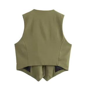 Back view of a tailored slim-fit olive green waistcoat for women, minimalist cropped style