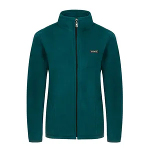 Vooraanzicht van een blauwgroene fleecejas voor dames met opstaande kraag en rits