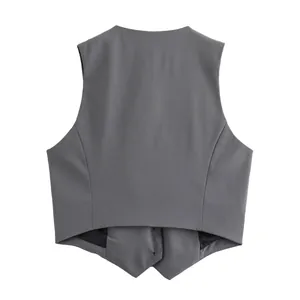Back view detail showing professional grey slim fit waistcoat vest for women