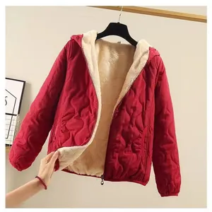 Close-up of red padded jacket with warm cream fleece lining and hooded detail.