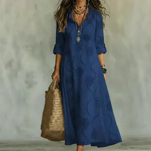 Elegant bohemian blue long sleeve maxi dress featuring detailed 3D floral print for spring