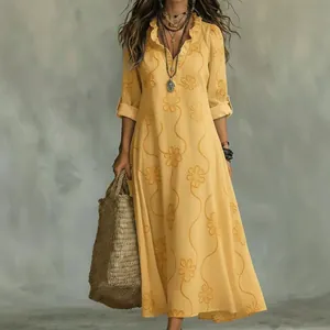 Bohemian yellow maxi dress with 3D floral digital print and elegant ruffled V-neckline